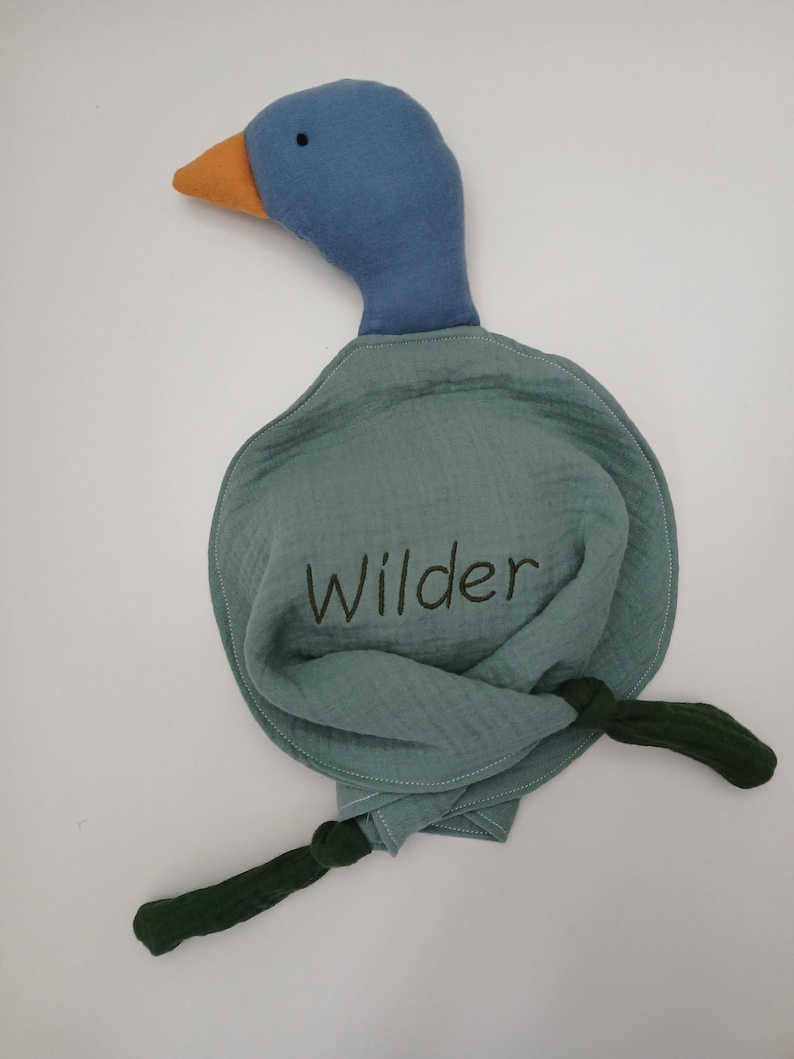 May include: A plush duck toy with a blue head and neck, an orange beak, and a teal body. The teal body has the name "Wilder" embroidered on it in a dark green thread. The duck has dark green legs.