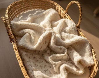 retro twigs baby blanket: organic cotton muslin & sherpa plush swaddle wrap