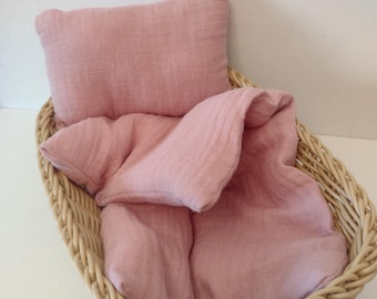 pink muslin doll bedding set: organic cotton pillow & duvet for Ikea Duktig doll bed