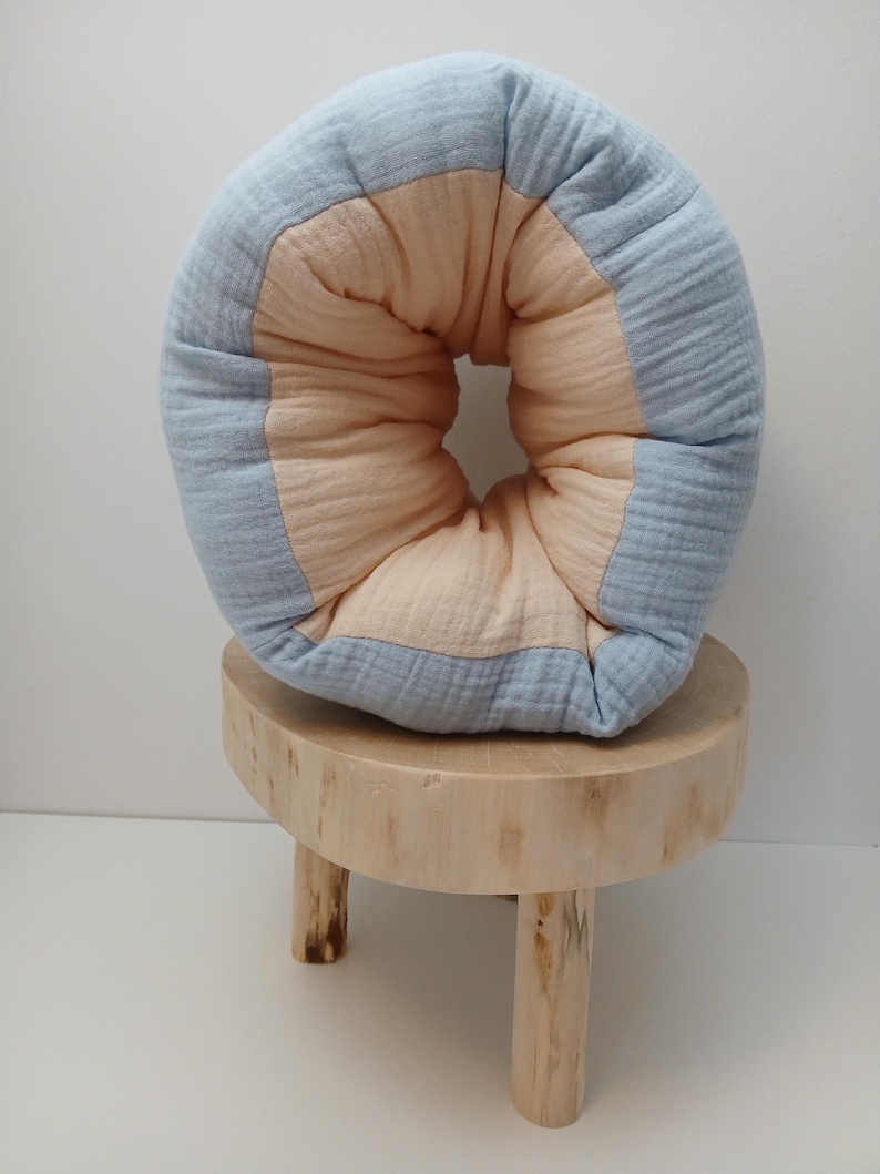 organic mini nursing pillow for on the go, all natural arm slip on cushion for baby feeding, compact travel pillow for breastfeeding support blue + cream