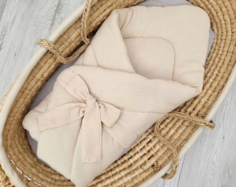 organic swaddle blanket for newborn, sleeping bag pocket for infant, padded baby wrap, muslin duvet cocoon, unisex baby shower gift quilt