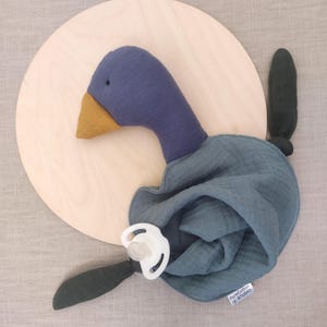 blue mallard duck baby comfort blanket, cuddle cloth rag doll made with organic cotton muslin double gauze