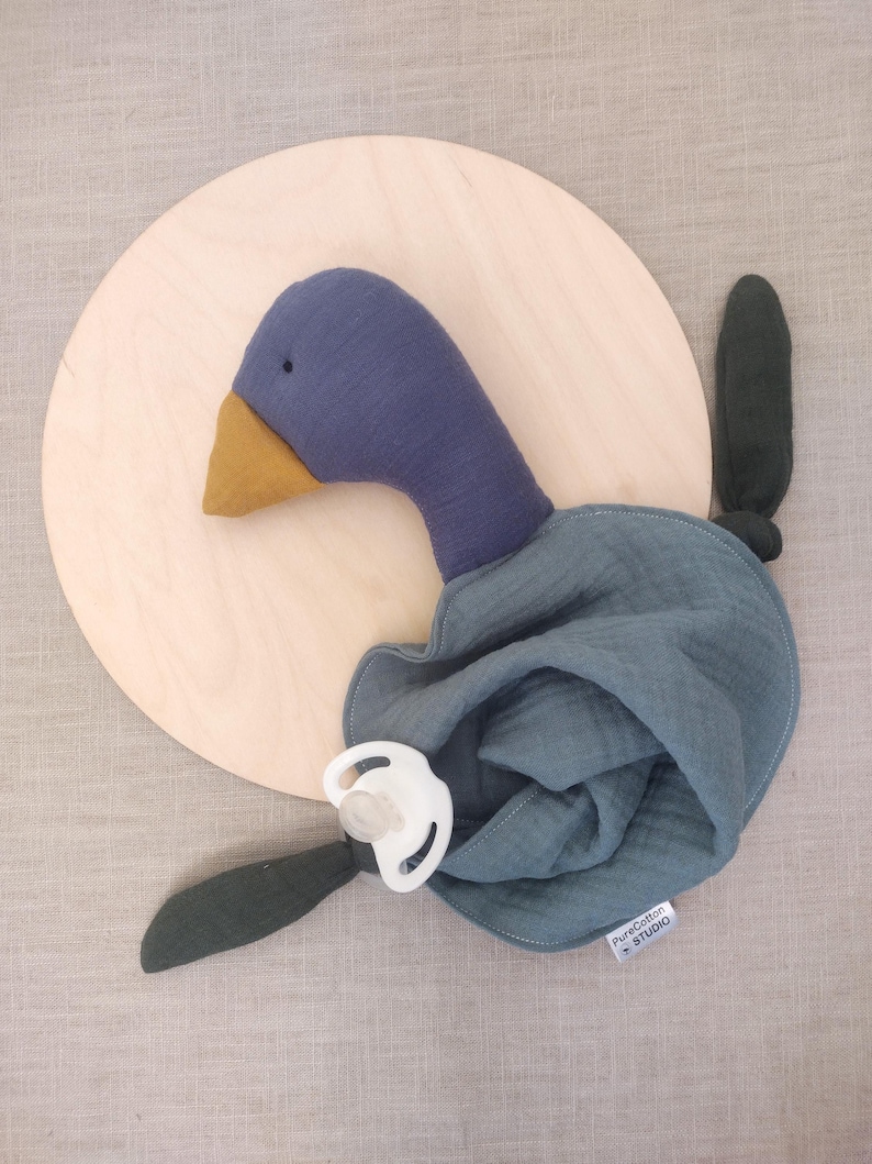 blue mallard duck baby comfort blanket, cuddle cloth rag doll made with organic cotton muslin double gauze