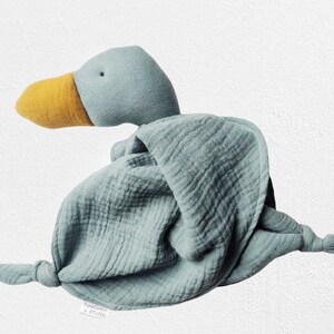 teal duck soft toy cuddle cloth made with organic cotton muslin double gauze