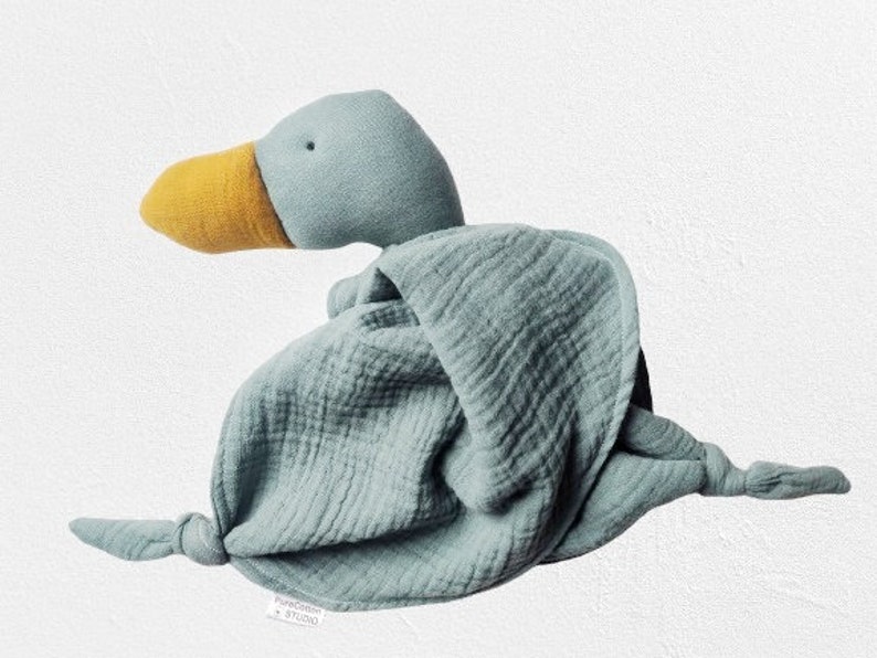 teal duck soft toy cuddle cloth made with organic cotton muslin double gauze
