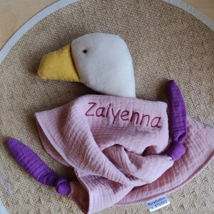 made to order bespoke colourful bird soft toy cuddle cloth made with organic cotton muslin double gauze