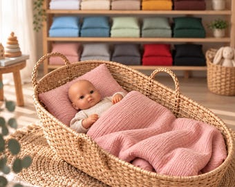May include: A woven wicker basket containing a doll dressed in a cream-coloured long-sleeved top. The doll rests on a pink muslin pillow and is covered by a matching pink muslin blanket. The basket features two handles and a textured weave.