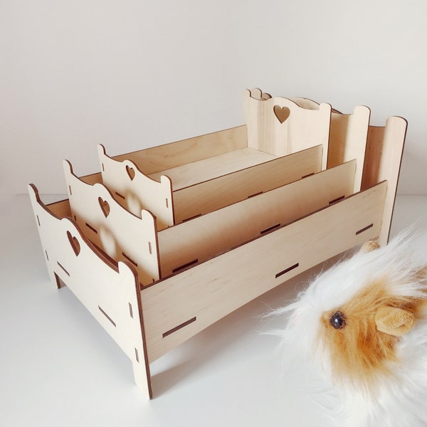 Holz Bett für Puppen, kreatives Geburtstagsgeschenk für Kleinkind, DIY Flat Pack Puppenhaus Möbel, Bett und Bettwäsche Set für kleine Haustiere