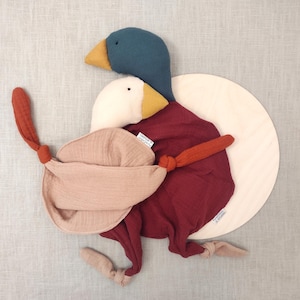 mallard duck baby lovey, goose soft toy plush, cotton gauze cuddle cloth, organic soothing blanket, personalized keepsake for newborn child