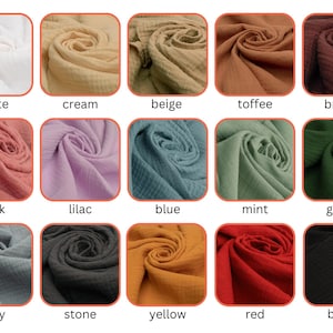 May include: A collection of fifteen swatches of crinkled muslin fabric displayed in a grid, featuring a variety of solid colors including white, cream, beige, toffee, brown, pink, lilac, blue, mint, green, grey, stone, yellow, red, and black.