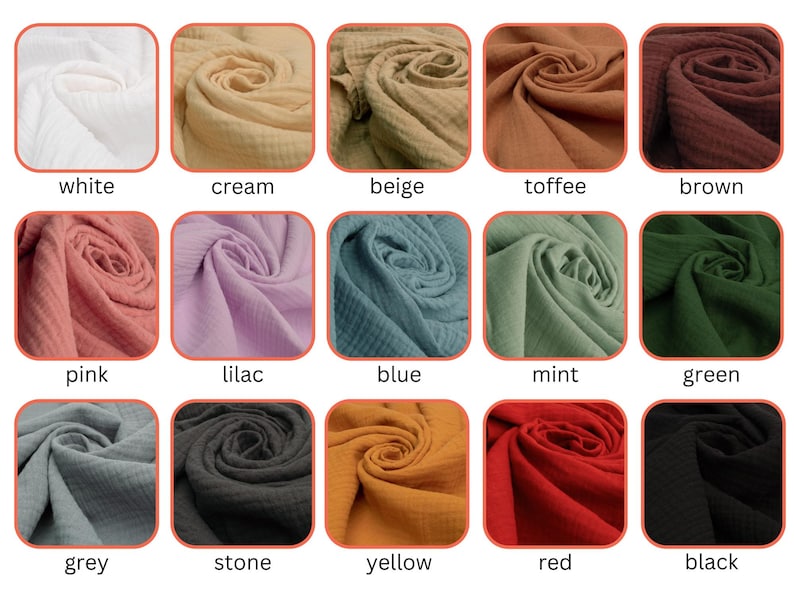 May include: A collection of fifteen swatches of crinkled muslin fabric displayed in a grid, featuring a variety of solid colors including white, cream, beige, toffee, brown, pink, lilac, blue, mint, green, grey, stone, yellow, red, and black.