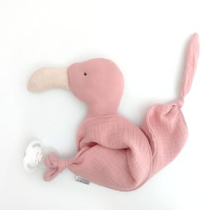 pink flamingo soft toy cuddle cloth made with organic cotton muslin double gauze