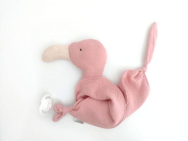 pink flamingo soft toy cuddle cloth made with organic cotton muslin double gauze