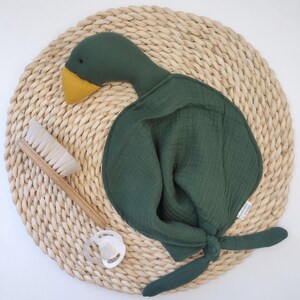 custom made bird soft toy cuddle cloth made with organic cotton muslin double gauze (16 colours to choose from - the photo features green muslin)