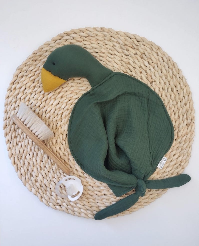 custom made bird soft toy cuddle cloth made with organic cotton muslin double gauze (16 colours to choose from - the photo features green muslin)