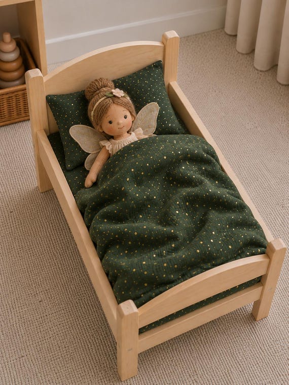 Festliches Puppenbettwäsche-Set – Bio-Musselin-Bettwäsche mit goldenen Punkten für das Ikea Duktig Puppenbett – auf Bestellung in jeder Größe erhältlich