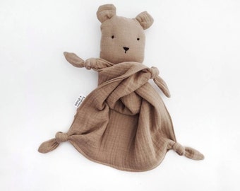 organic teddy bear lovey, knotted comfort blanket, personalized baby shower gift