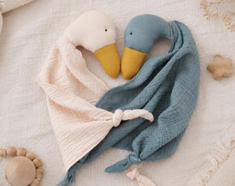 cuddly goose comfort blanket, personalised muslin duck baby lovey, organic bird soft toy with name embroidery