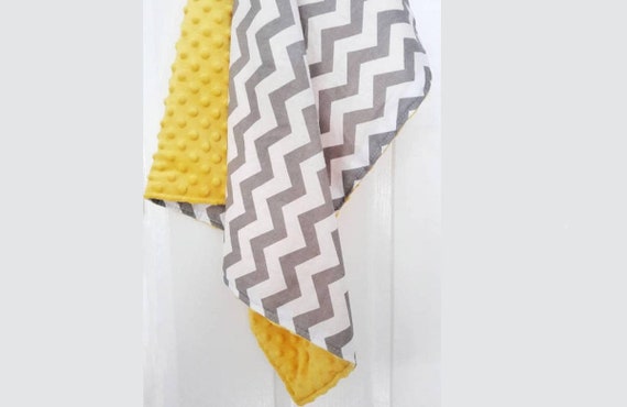 Monogrammed Chevron Baby Blanket zig zag Neutral Blanket with name Newborn Minky Gray and Yellow Personalized