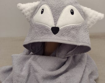wolf baby bath towel with hood, animals towelling poncho for kids, hooded wrap for newborn babies, swimming pool robes for toddler