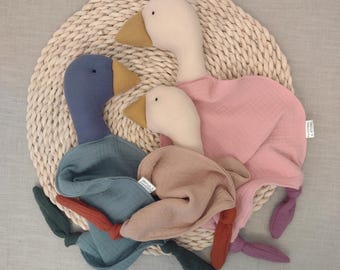 Goose muslin baby lovey with name embroidery, organic cotton soother blanket, sensory cuddle cloth