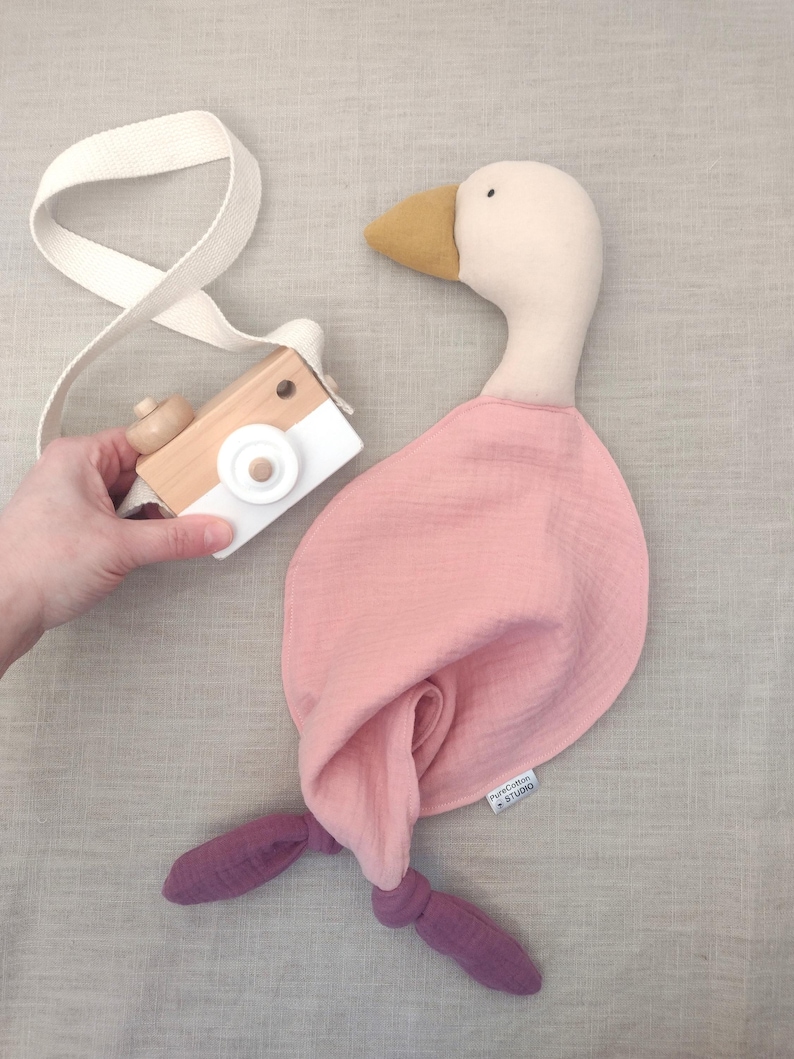 pink mallard duck first toy for baby girl, cuddle cloth muslin double gauze goose
