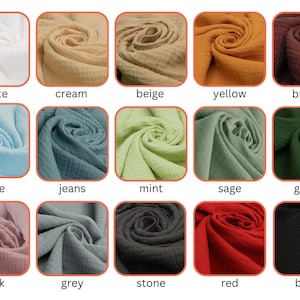 May include: A grid of fifteen swatches of textured muslin fabric in various colours, each labelled with its corresponding name: white, cream, beige, yellow, brown, blue, jeans, mint, sage, green, pink, grey, stone, red, and black.