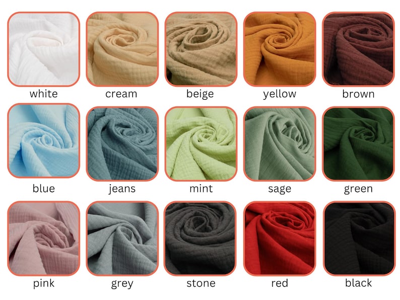 May include: A grid of fifteen swatches of textured muslin fabric in various colours, each labelled with its corresponding name: white, cream, beige, yellow, brown, blue, jeans, mint, sage, green, pink, grey, stone, red, and black.