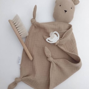 organic cotton soother blanket with teddy bear head