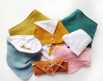 organic muslin bandana baby bibs with bamboo backing - adjustable neck with KAM snaps (poppers)