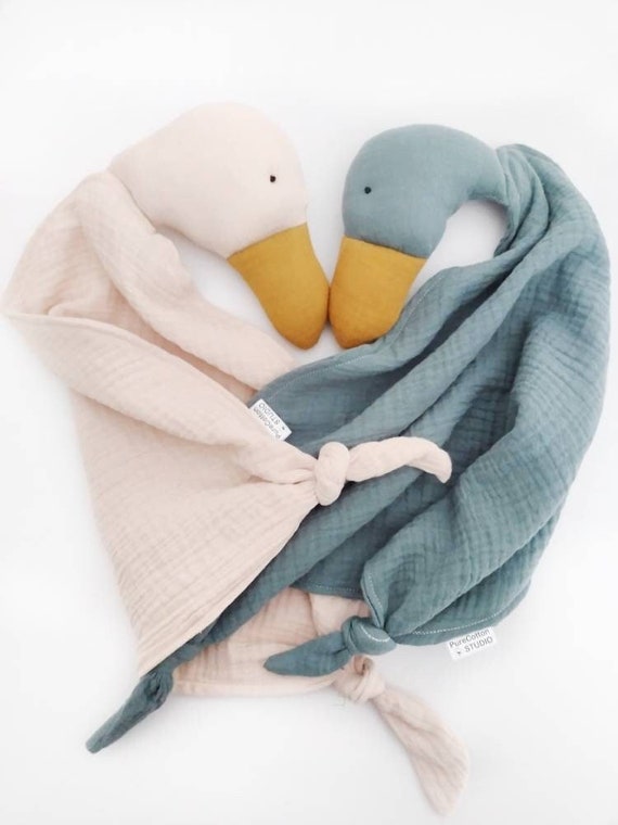 cuddly goose comfort blanket, muslin duck baby lovey, organic bird soft toy