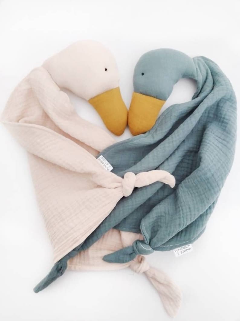 teal duck & cream goose soft toy lovey, organic cotton muslin cuddle cloths for baby, sleeping companion