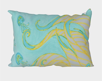 Sea Swirls Coastal Lumbar Pillow Cover | Linen-Cotton Throw Pillow | 20x14