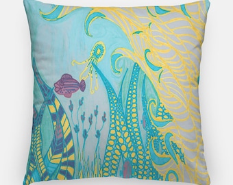 Sea Swirls Coastal Pillow Cover- Style 1 | Linen-Cotton Throw Pillow | 18x18 or 22x22