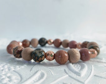 Essential Oil Diffusing Bracelet with Rhodonite, Leopardskin Jasper, Rosewood, and Rose Gold Accents- Essential Oil Sample Available