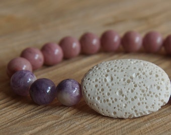 Essential Oil Diffusing Bracelet with Rhodonite, Mountain Jade, and Lava Stone