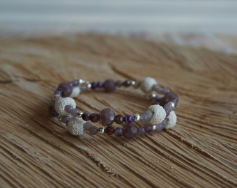 Essential Oil Diffusing Bracelet with Purple Agate and White Lava Beads