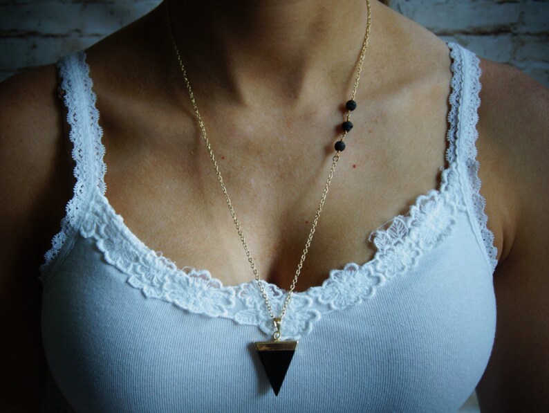 Essential Oil Diffusing Necklace with Black Onyx Pendant and Black Lava Beads Available in Gold or Silver