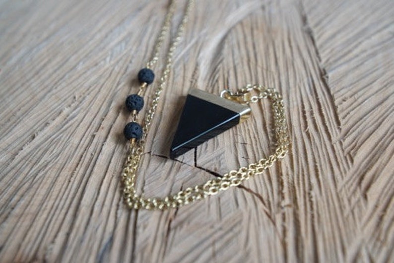 Essential Oil Diffusing Necklace with Black Onyx Pendant and Black Lava Beads Available in Gold or Silver