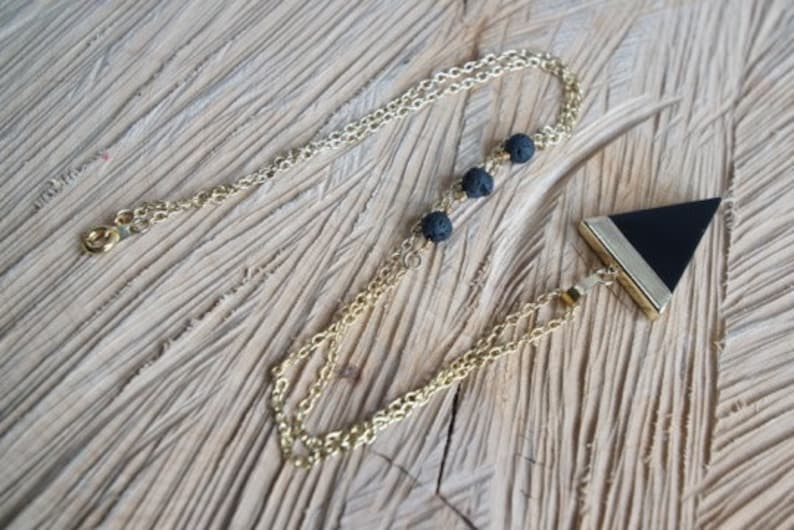 Essential Oil Diffusing Necklace with Black Onyx Pendant and Black Lava Beads Available in Gold or Silver