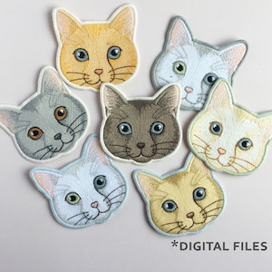 May include: Six embroidered iron-on patches featuring different cat faces. The cats are all white with different colored markings. The patches are perfect for adding a touch of whimsy to clothing, bags, or other fabric items.