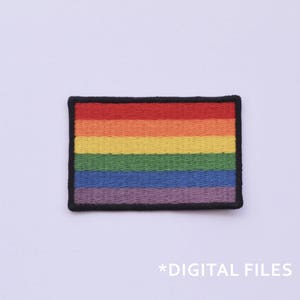 May include: A rainbow pride flag patch with six horizontal stripes in the colors red, orange, yellow, green, blue, and purple. The patch is embroidered and has a black border.