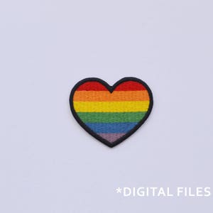 May include: A rainbow heart-shaped patch with a black outline. The heart is filled with the colors of the rainbow, starting with red at the top and ending with purple at the bottom.