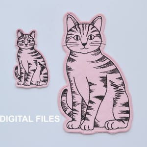 May include: Two pink fabric patches with black outlines of a tabby cat sitting. The larger patch is about 4 inches tall and the smaller patch is about 2 inches tall. *DIGITAL FILES* is written in black text at the bottom of the image.