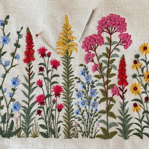 Puede incluir: Diseño floral bordado con flores azules, rojas, amarillas y rosas. La costura muestra tallos y hojas verdes. Se ven una aguja e hilo, lo que sugiere un proyecto de manualidades.
