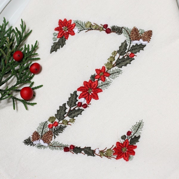 Machine embroidery Christmas Letter Z 4x4 hoop Xmas Festive Monogram Broderie Noël Weihnachten Stickdatei Ricamo Natale Poinsettia Pine cone