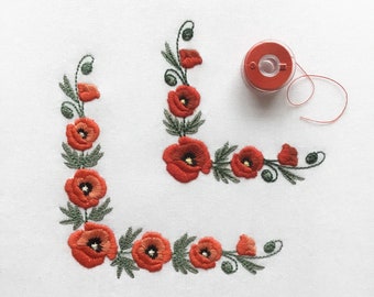 Hoek van klaprozen machineborduurwerk ontwerp - Remembrance Day - Memorial Day Poppy rand Sierlijke klaproos bloem borduurwerk Instant download