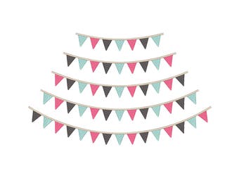 Bunting Flags Curved Border machine embroidery design. Bunting banners- pennant garland embroidery patterns. 5 sizes. Instant download