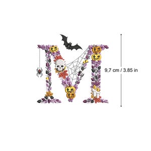 Machine embroidery Halloween Letter M bats and skulls 4x4 hoop botanical Autumn Spooky Fall pumpkin candle Ricamo Broderie Stickdatei