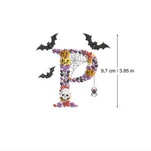 Bordado à máquina Halloween Letra P morcegos e caveiras 4x4 arco botânico Outono Assustador Outono abóbora vela Ricamo Broderie Stickdatei